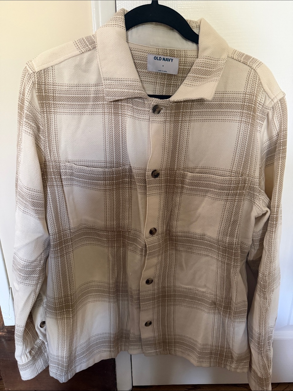 Old Navy Beige and Tan Plaid Button-Down Shirt